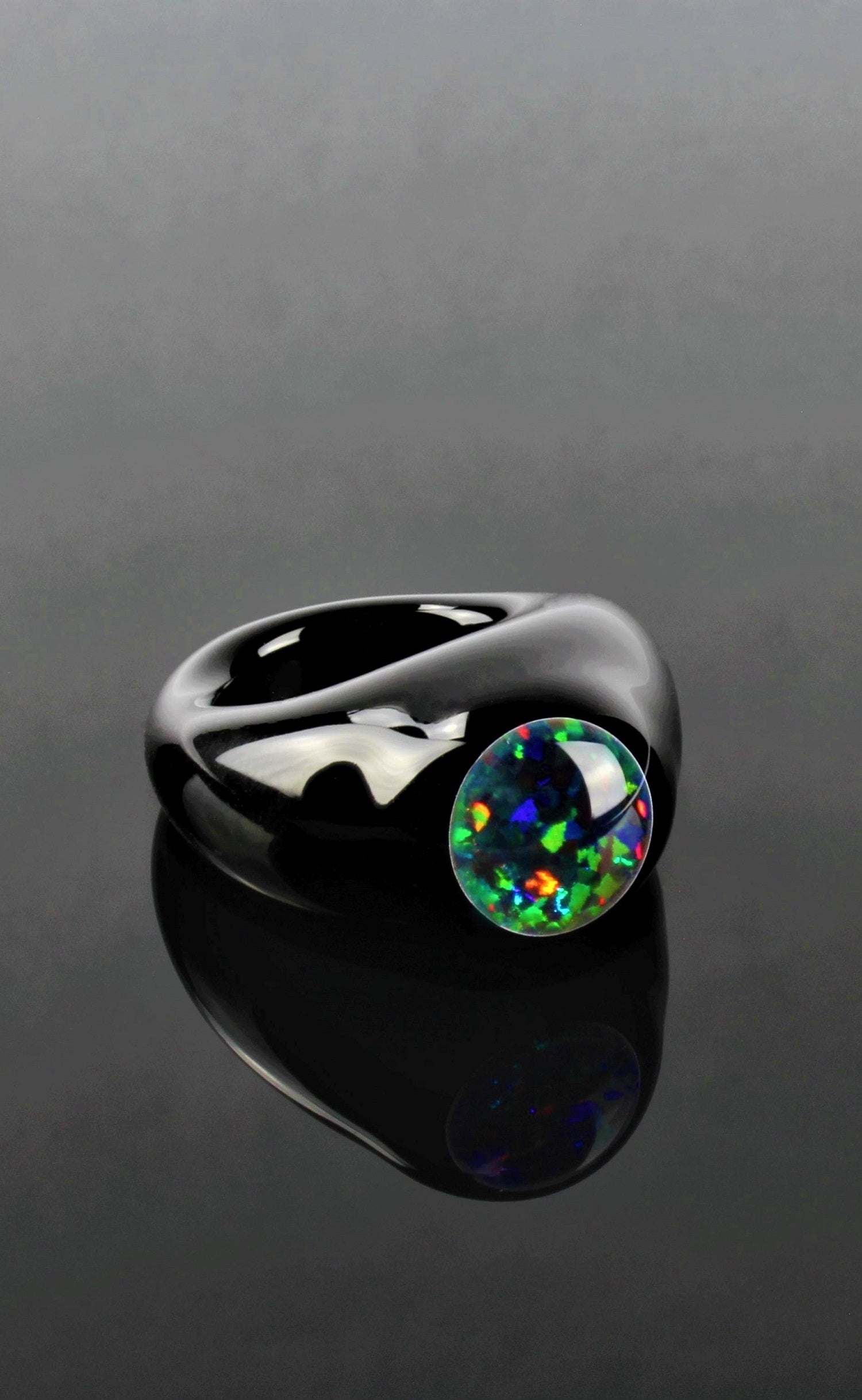 Ring fire the earth , schwarzer Opal, Durchmesser 15 mm , schwarzes